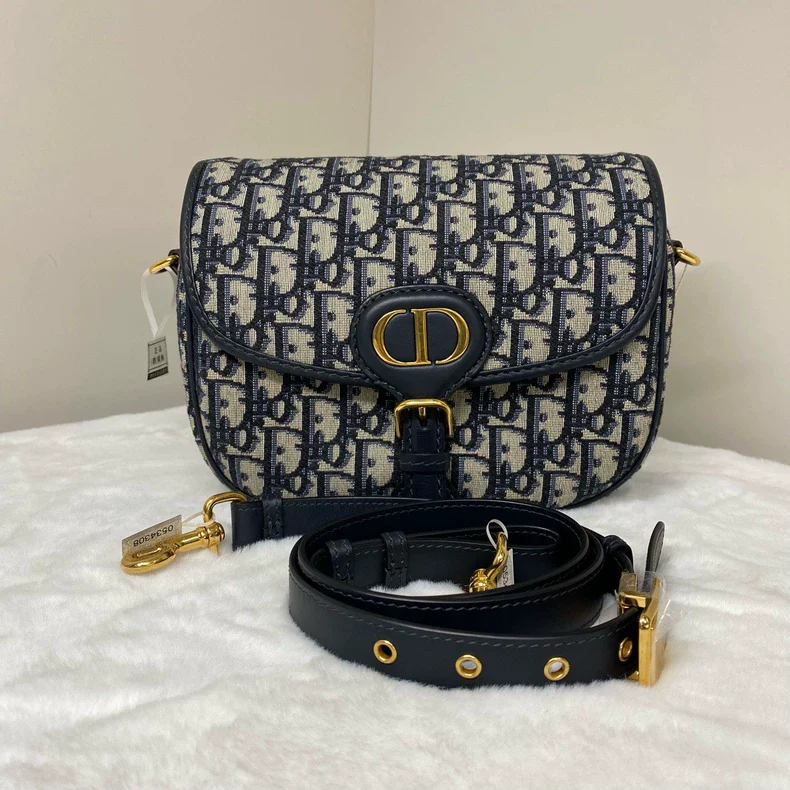 Dior Bobby saddle bag, blue canvas with black leather trim, gold CD buckle (second hand)
